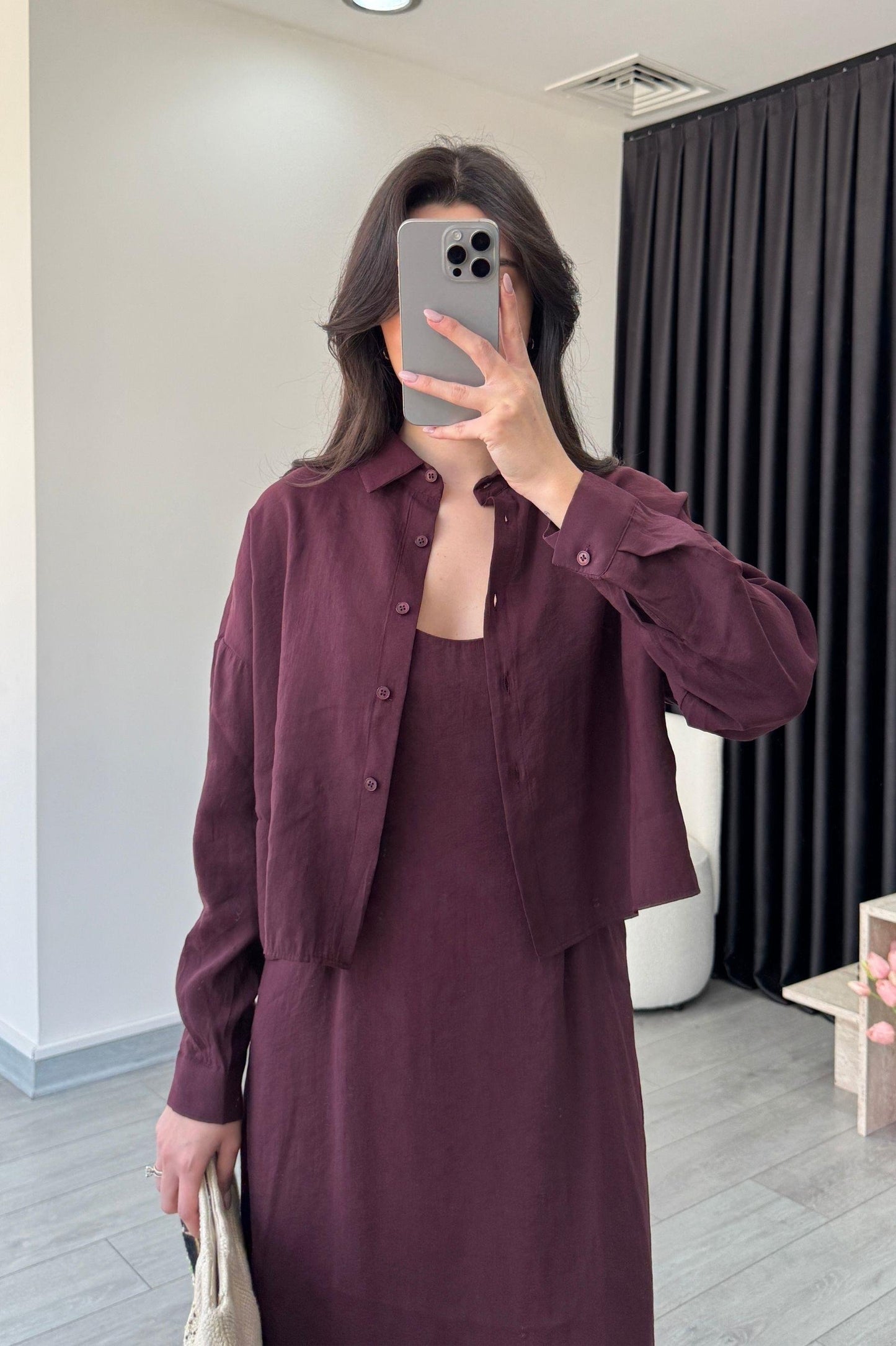 Effortless Elegance Tencel Dress & Oversized Shirt Jacket Set Burgundy