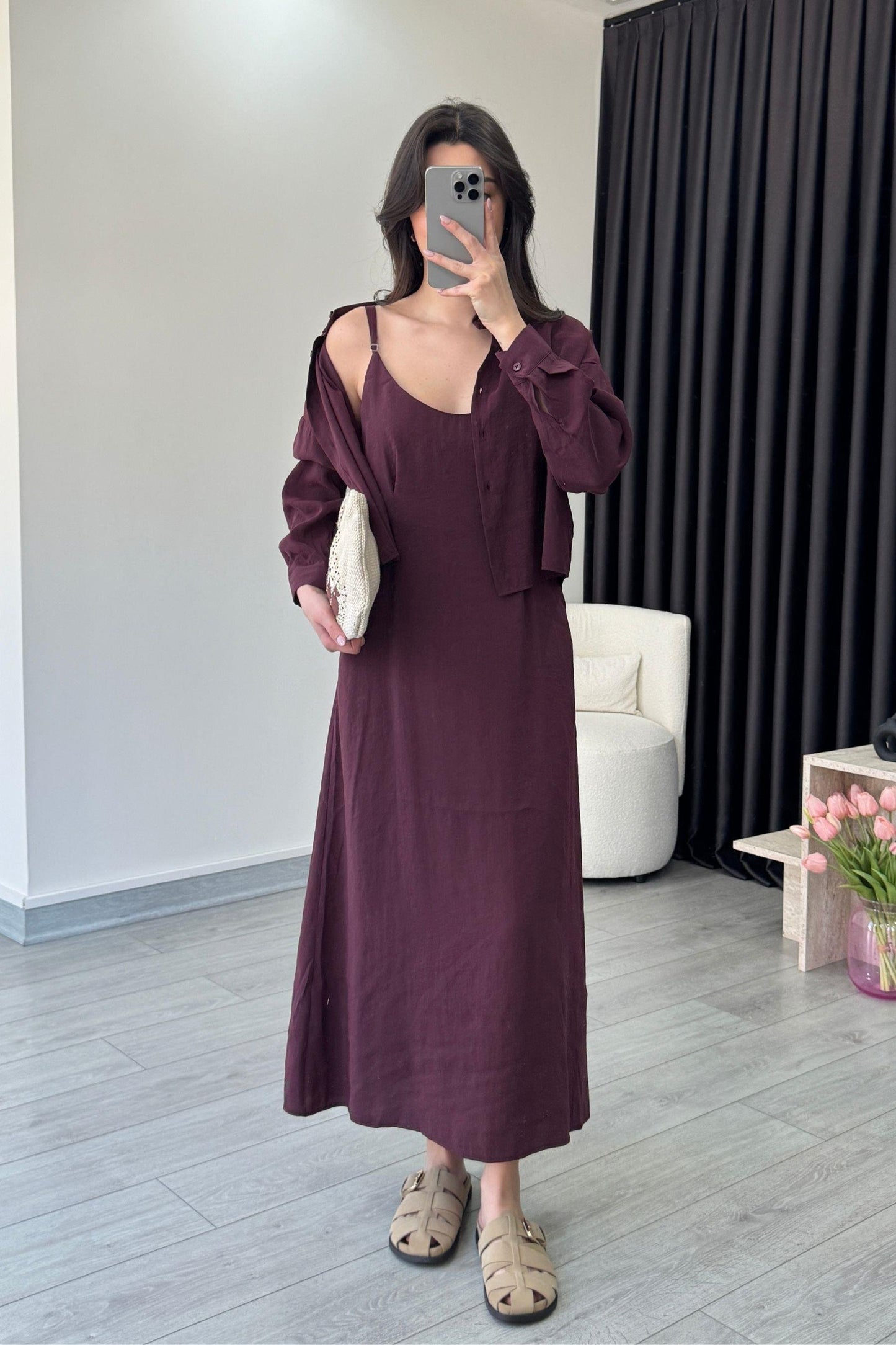 Effortless Elegance Tencel Dress & Oversized Shirt Jacket Set Burgundy