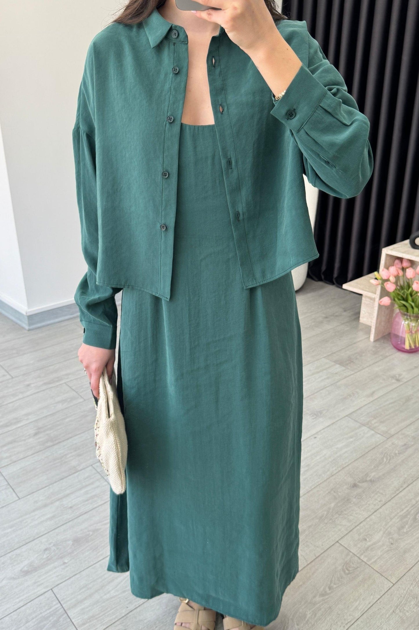 Effortless Elegance Tencel Dress & Oversized Shirt Jacket Set Green