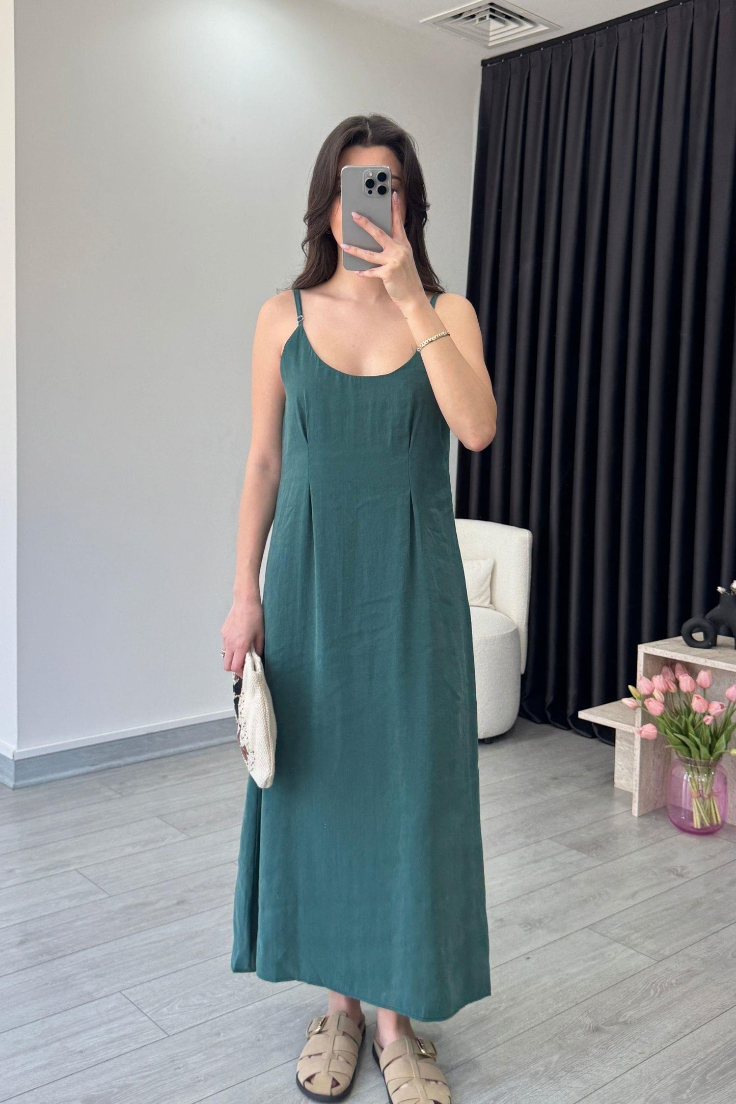 Effortless Elegance Tencel Dress & Oversized Shirt Jacket Set Green