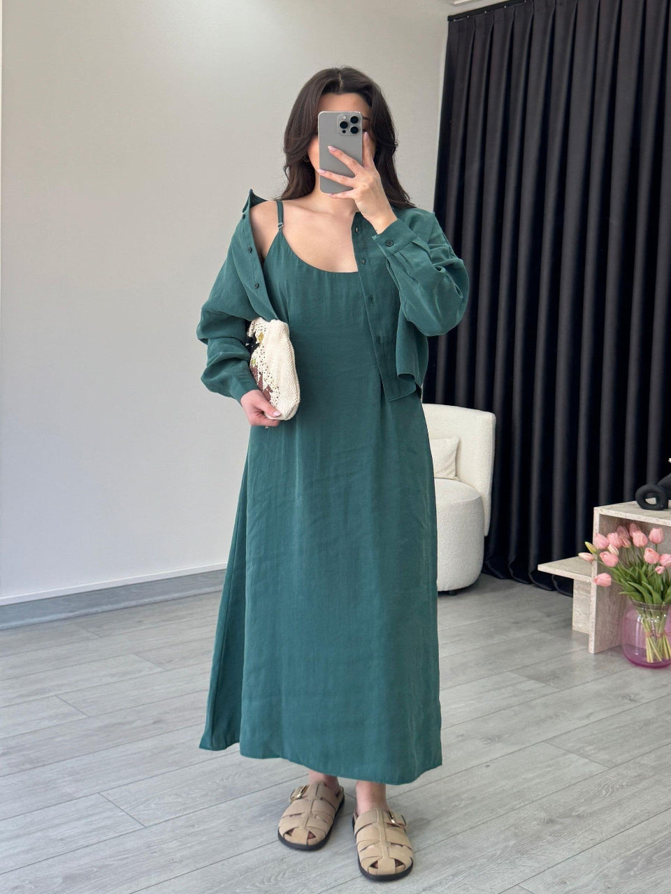 Effortless Elegance Tencel Dress & Oversized Shirt Jacket Set Green