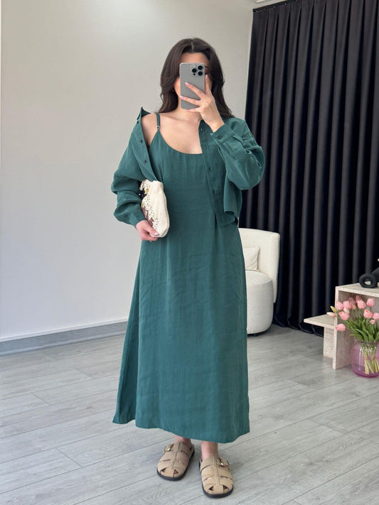 Effortless Elegance Tencel Dress & Oversized Shirt Jacket Set Green