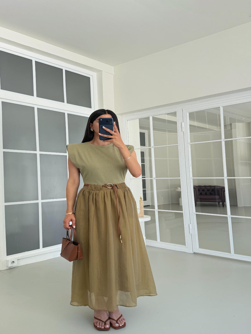 Luna Belted Midi Dress Khaki