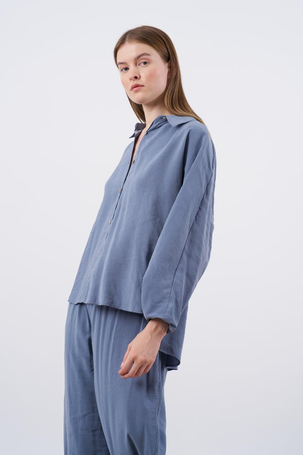 Dusty Blue Luxe Tencel Co-Ord — Relaxed Balloon Pants & Button-Down Top
