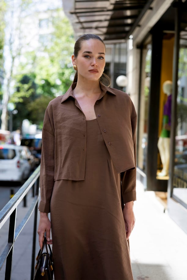 Effortless Elegance Maxi Dress & Oversized Shirt Jacket Set Brown