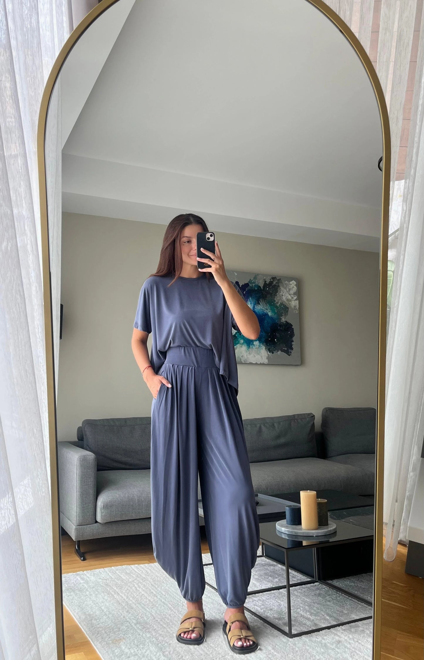 Dusty Blue Soft Modal Tee & Salwar Balloon Pants Set
