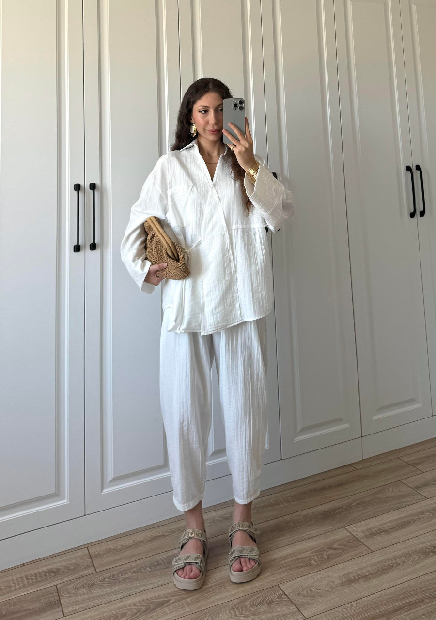 Salvar Style Pants & Kimono Side Tie Set White