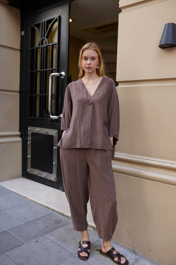 Coffee Luxe Tencel Co-Ord — Single-Button Top & Tapered Pants