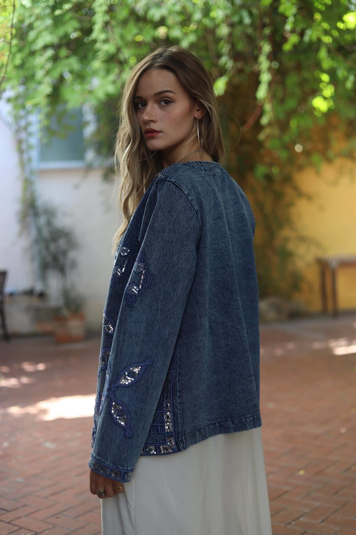 Sequin Aztec Open Denim Jacket