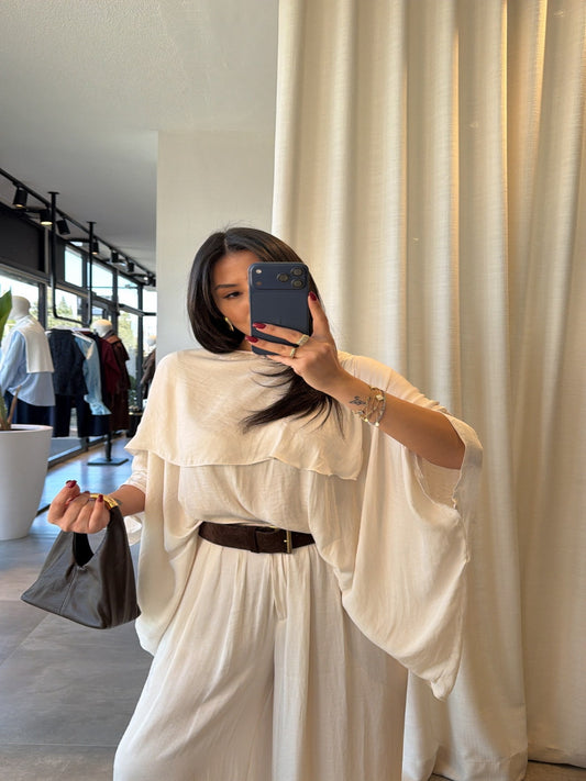 Draped Overlay Relaxed Modest Set Cream (Small Cut Pants, Size up)