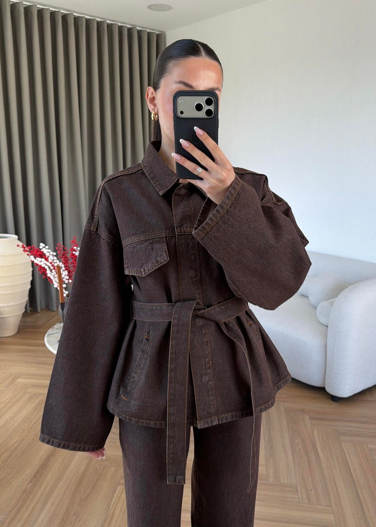 Chocolate Brown Belted Denim Co-Ord Set