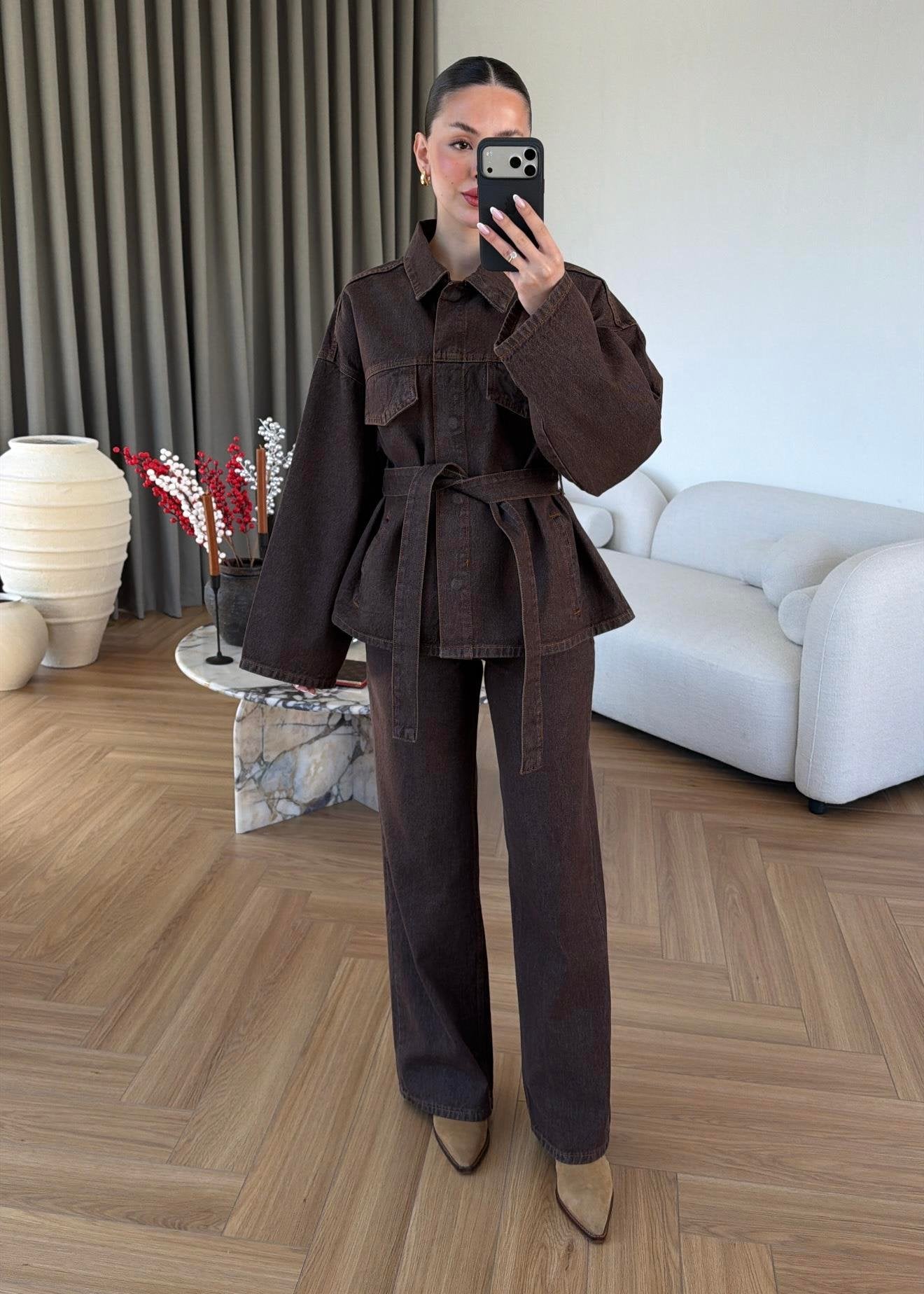 Chocolate Brown Belted Denim Co-Ord Set