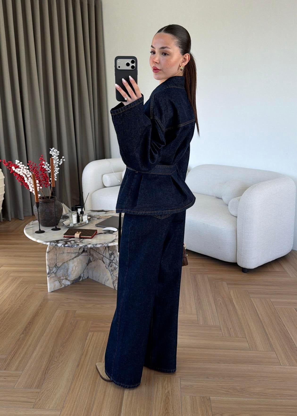 Navy  Belted Denim Co-Ord Set