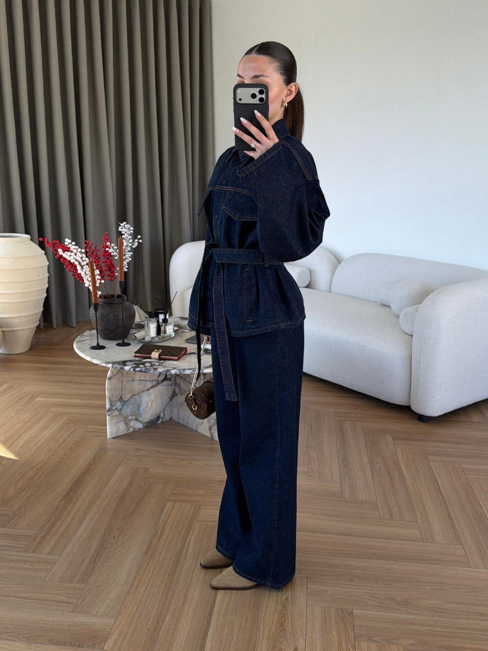 Navy  Belted Denim Co-Ord Set
