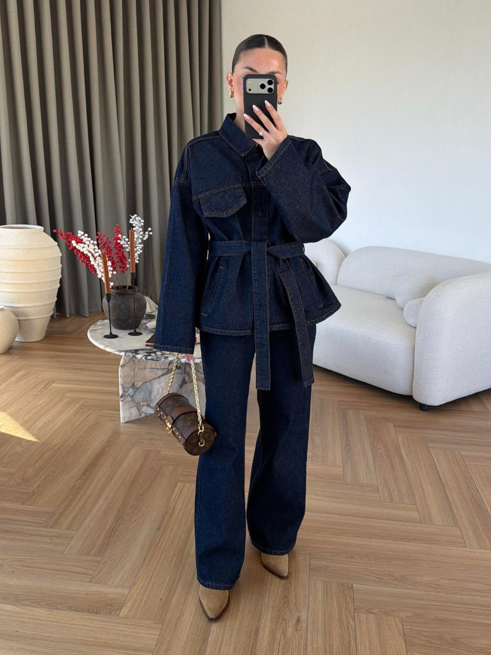 Navy  Belted Denim Co-Ord Set