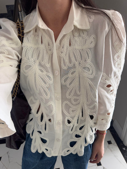 White Embroidered Cutout Shirt