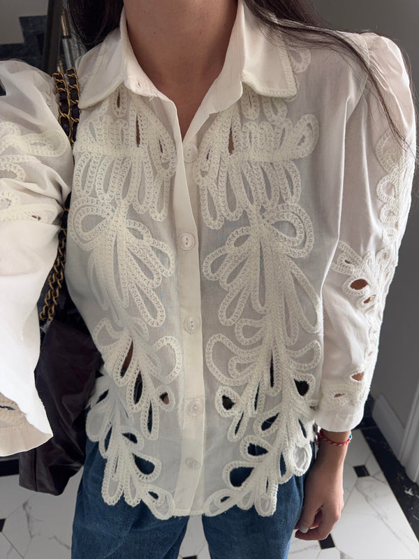 White Embroidered Cutout Shirt