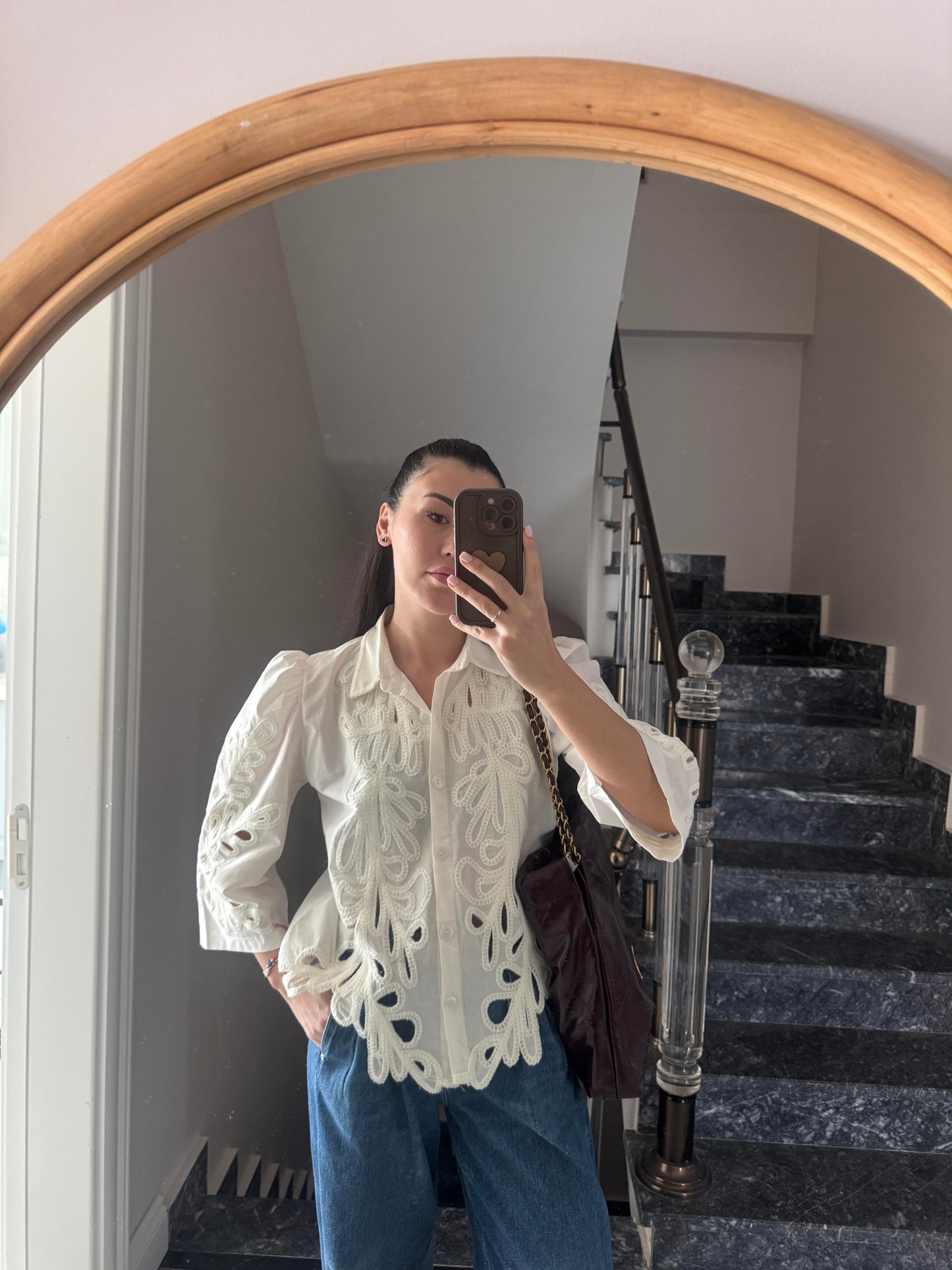 White Embroidered Cutout Shirt