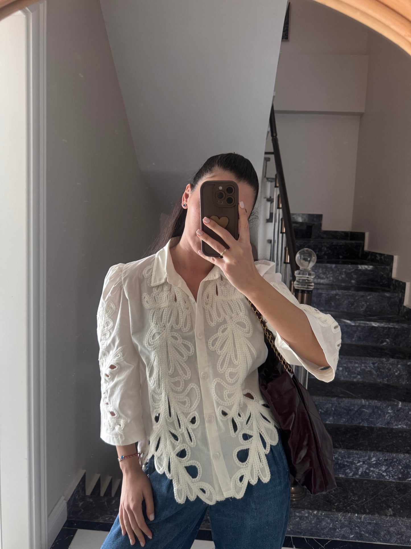 White Embroidered Cutout Shirt