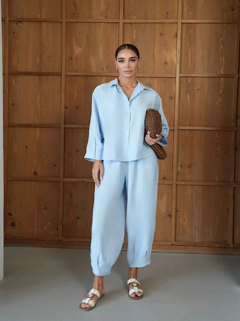 Baby Blue Luxe Tencel Co-Ord — Relaxed Balloon Pants & Button-Down Top