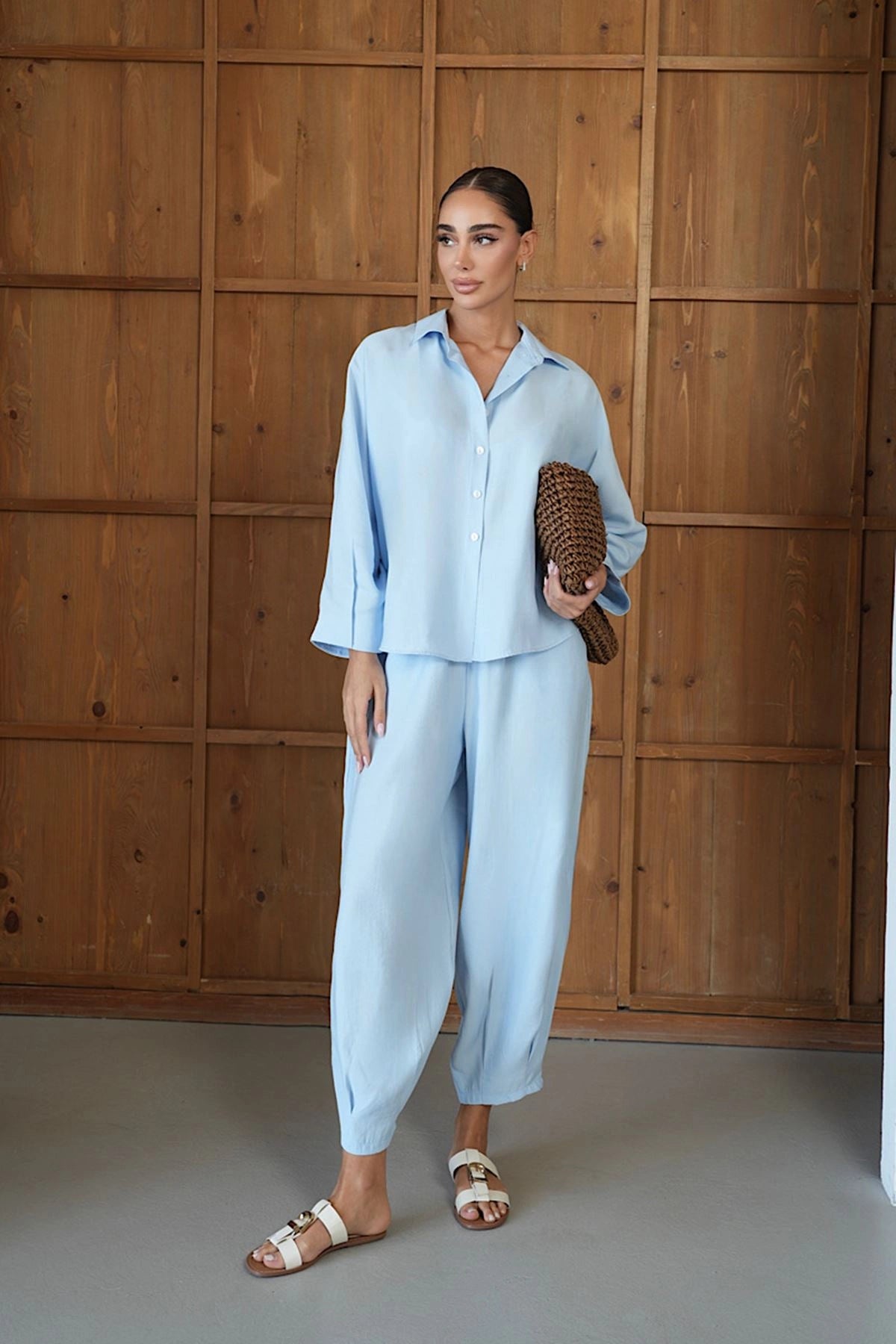 Baby Blue Luxe Tencel Co-Ord — Relaxed Balloon Pants & Button-Down Top