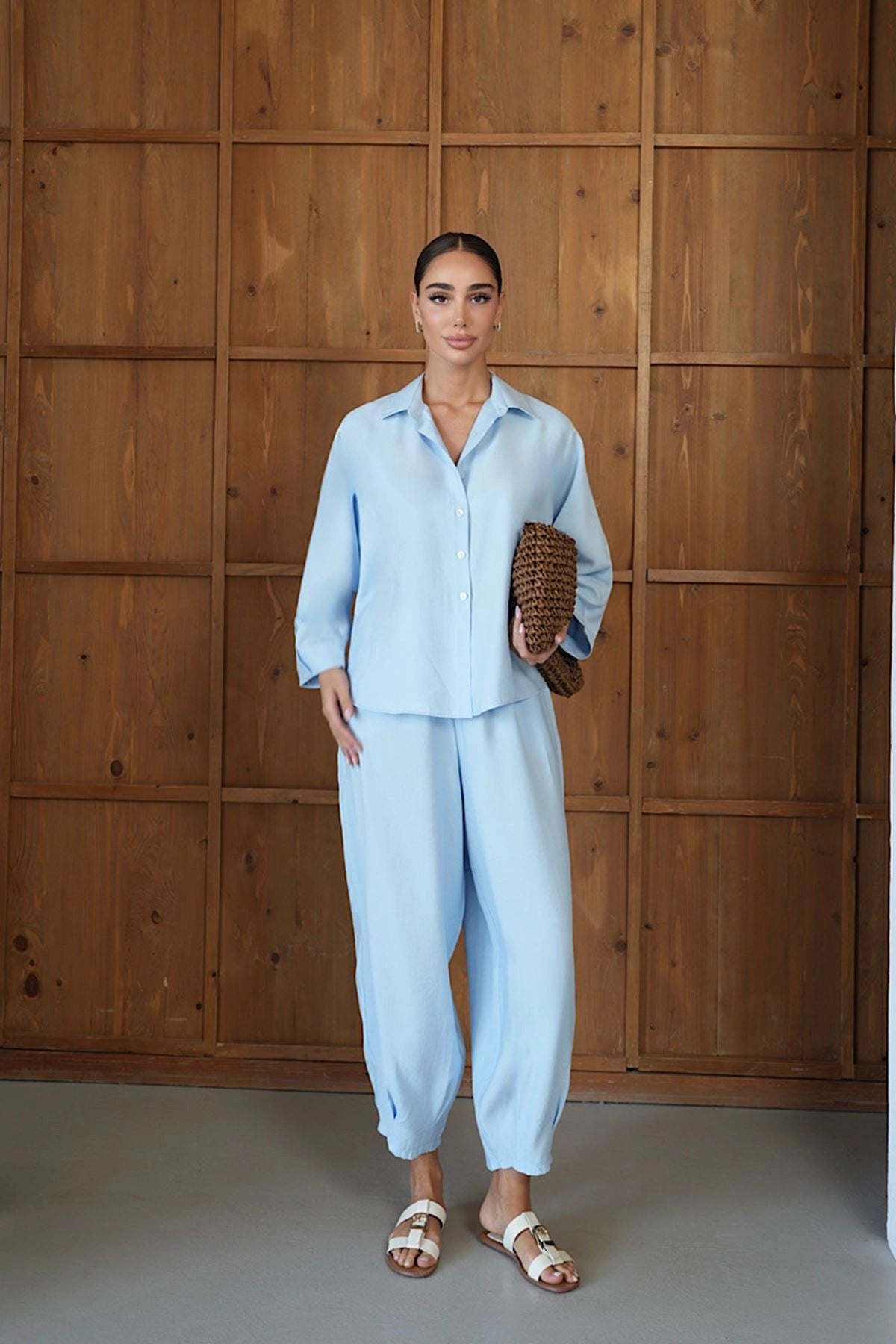 Baby Blue Luxe Tencel Co-Ord — Relaxed Balloon Pants & Button-Down Top