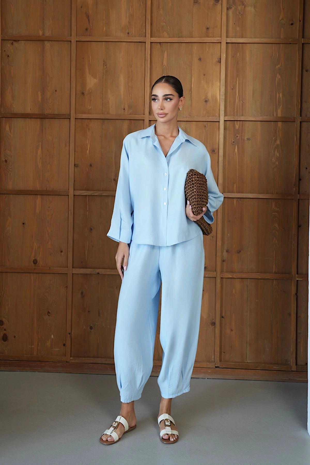 Baby Blue Luxe Tencel Co-Ord — Relaxed Balloon Pants & Button-Down Top