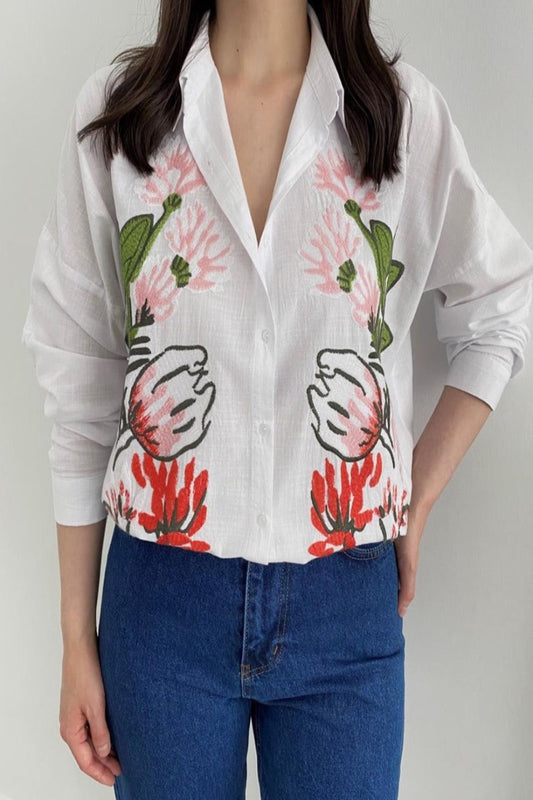 Floral Leaf Embroidery Shirt