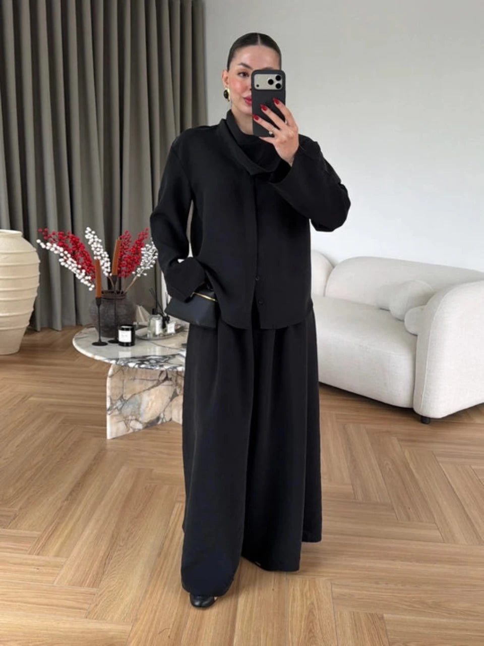 Draped Neck Wide-Leg Tencel Set Black