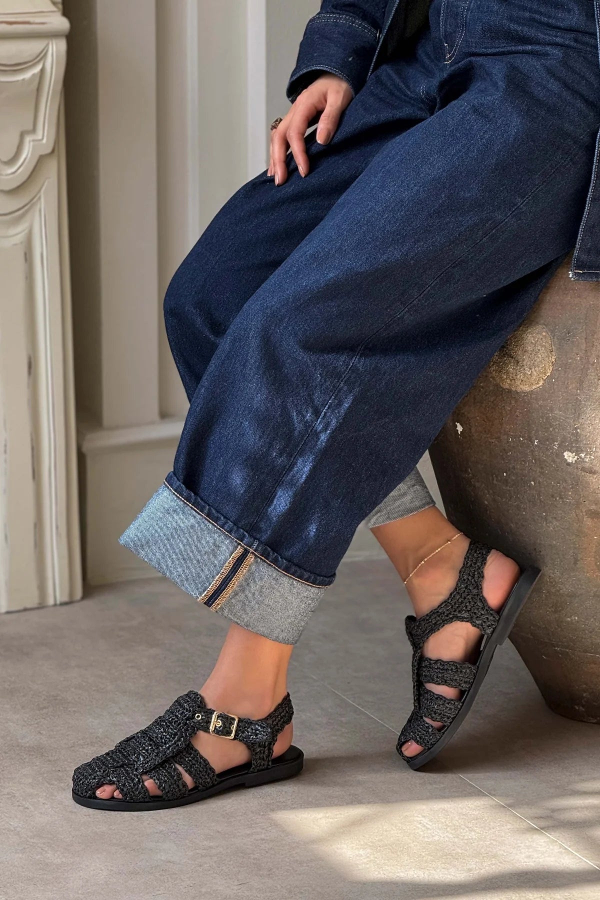 RAMONA Black Woven Flat Sandals with Back Strap Detail