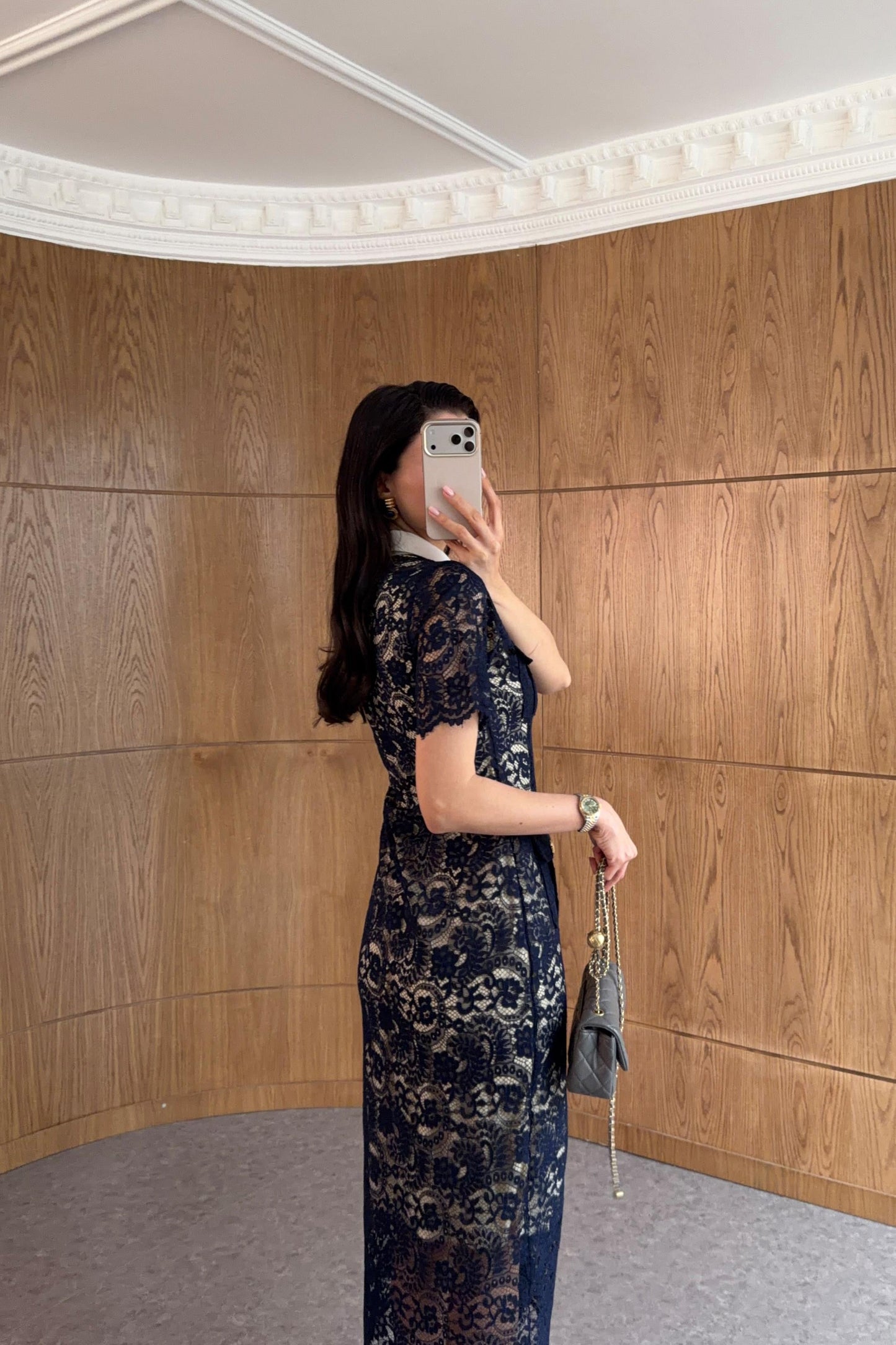 Elegant Lace Button-Front Midi Dress Navy