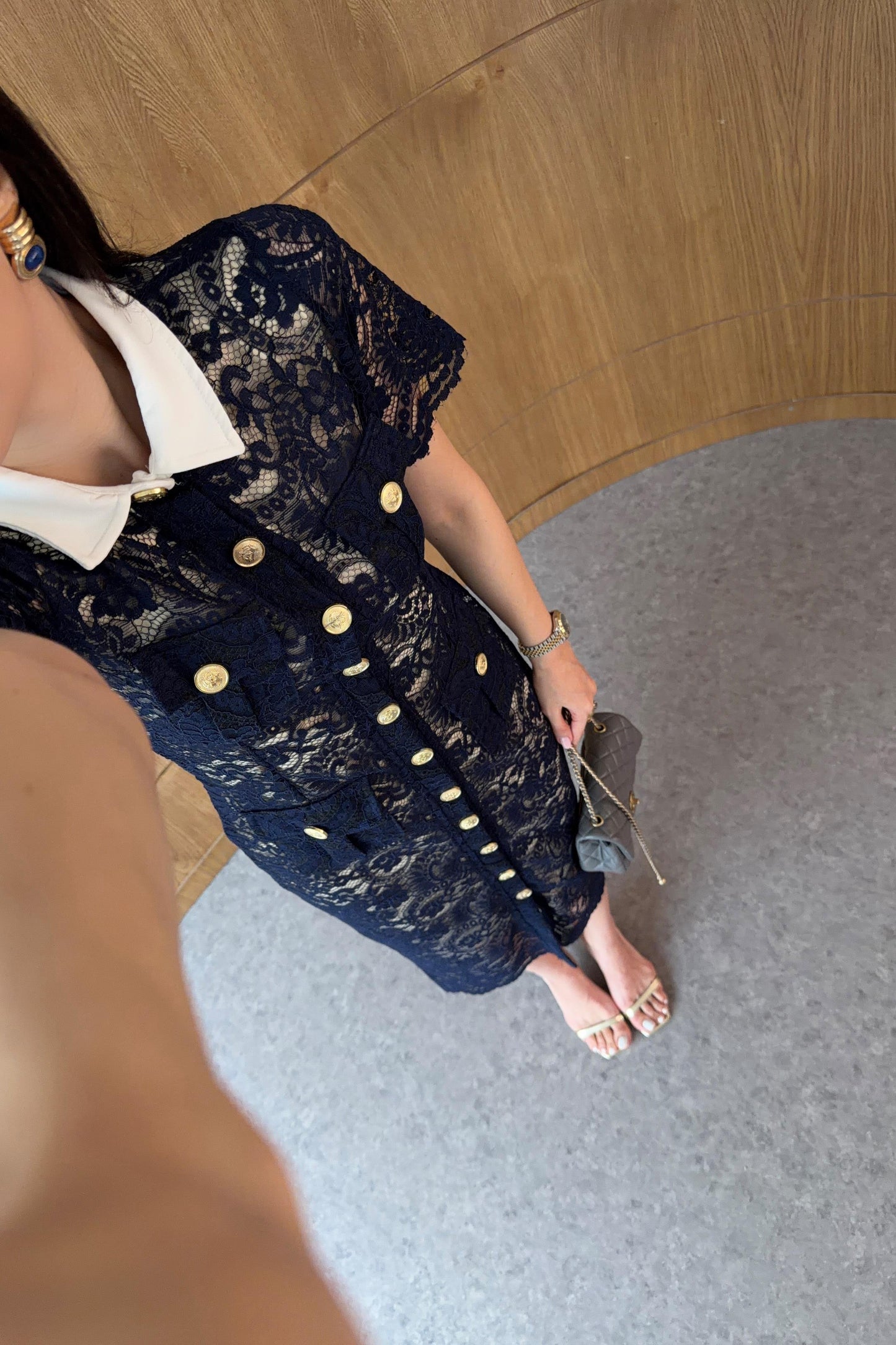 Elegant Lace Button-Front Midi Dress Navy