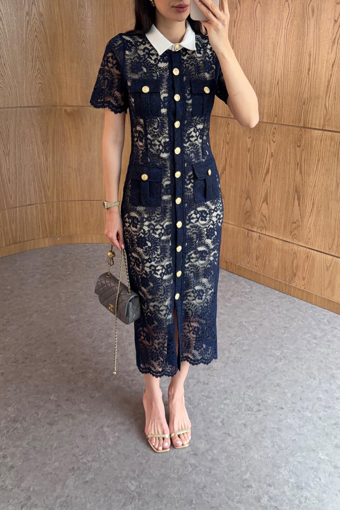 Elegant Lace Button-Front Midi Dress Navy