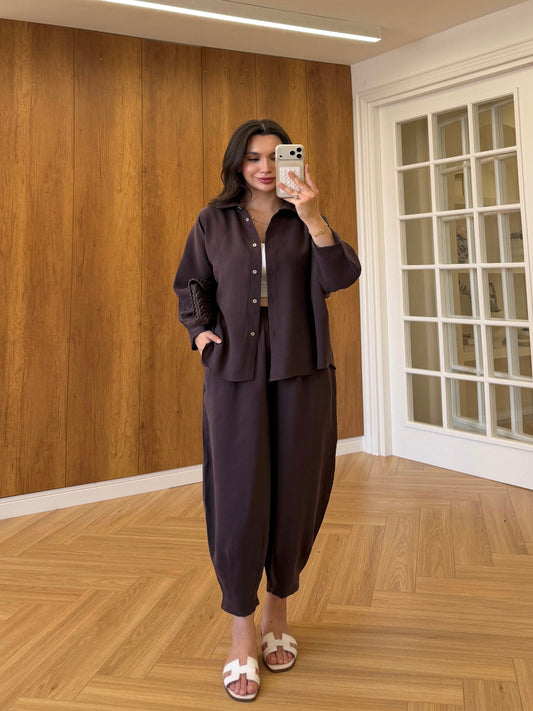 Deep Plum Luxe Tencel Co-Ord — Relaxed Balloon Pants & Button-Down Top