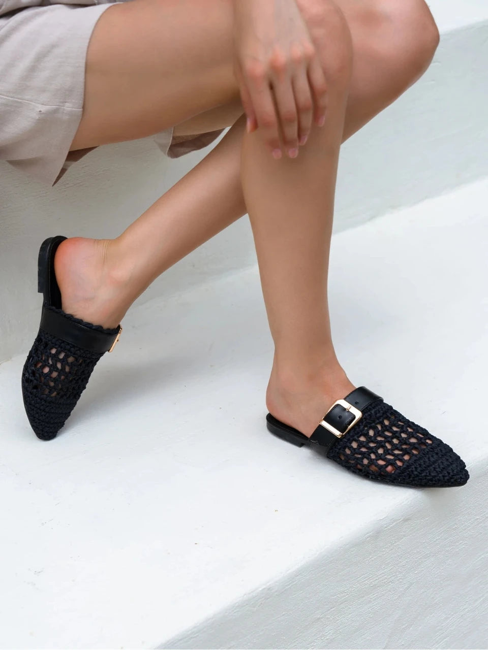 Black Woven Buckle Detail Flat Mules