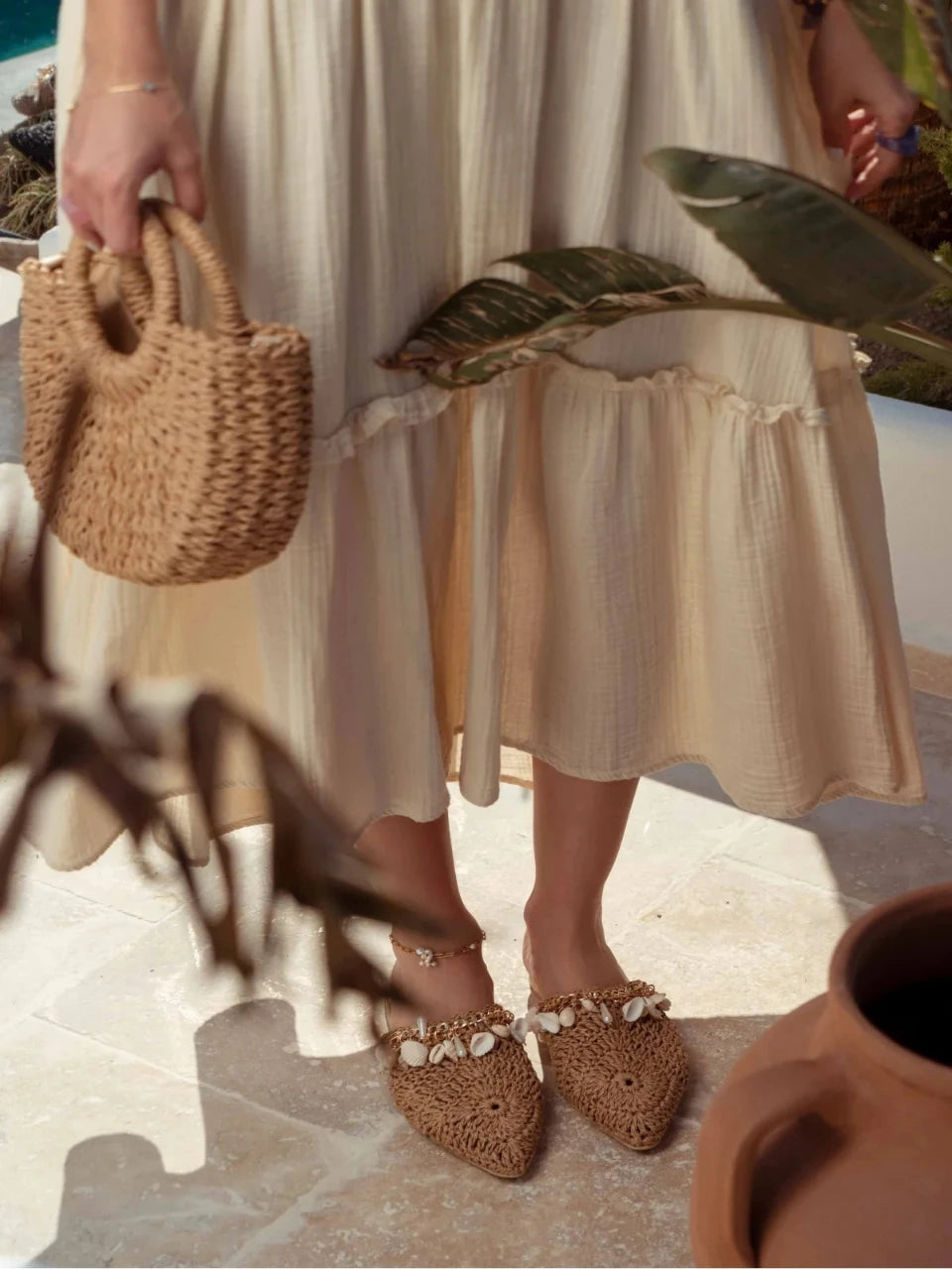 Tan Woven Mules with Seashell Detail