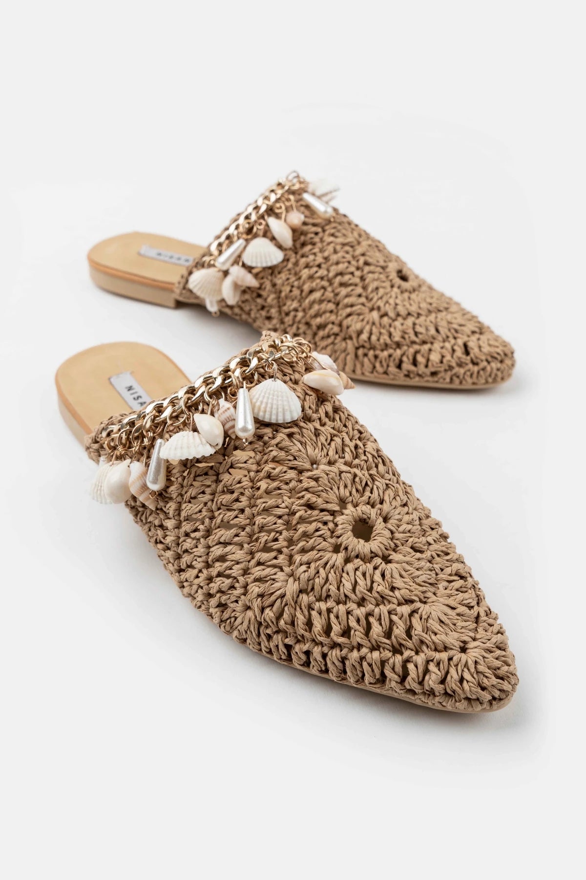 Tan Woven Mules with Seashell Detail