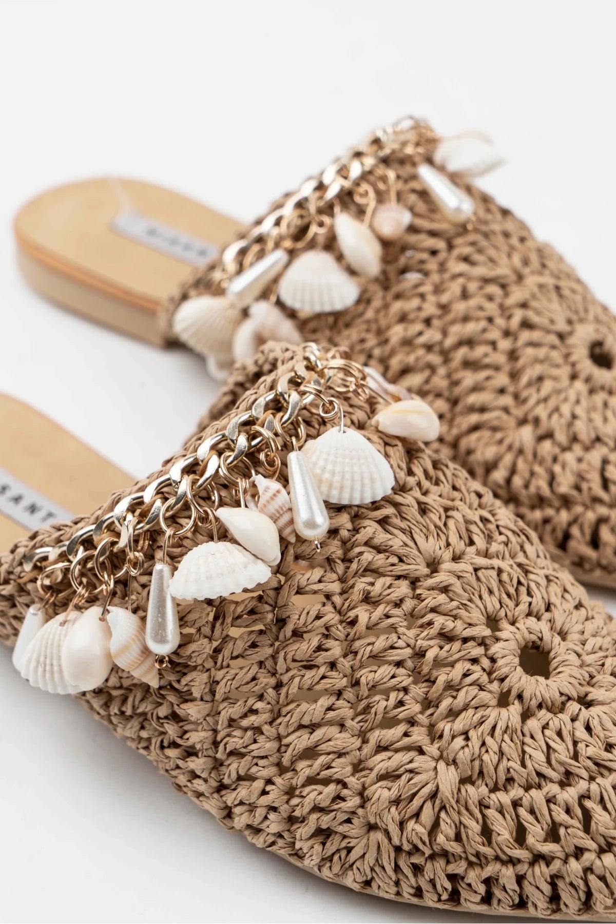 Tan Woven Mules with Seashell Detail