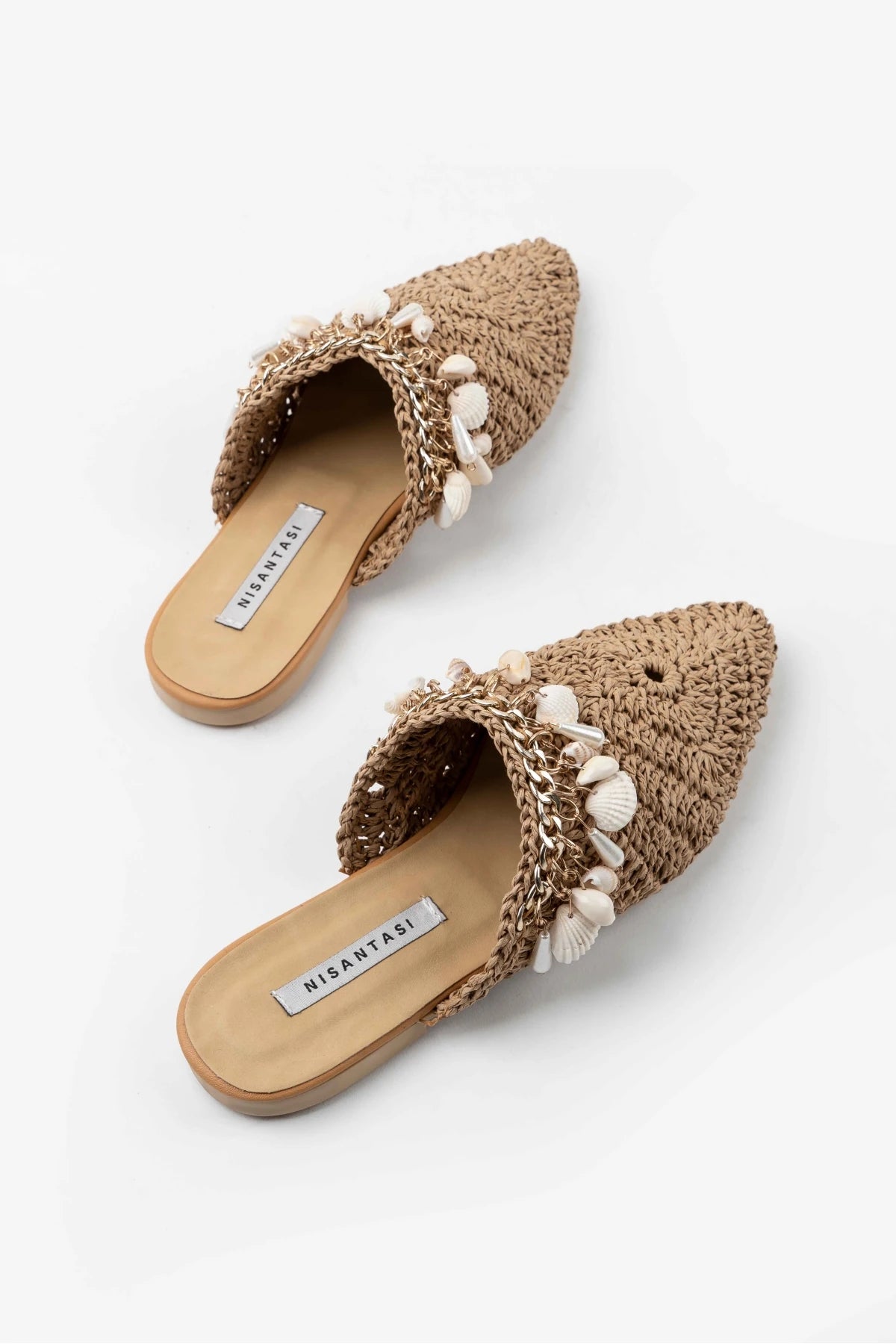 Tan Woven Mules with Seashell Detail