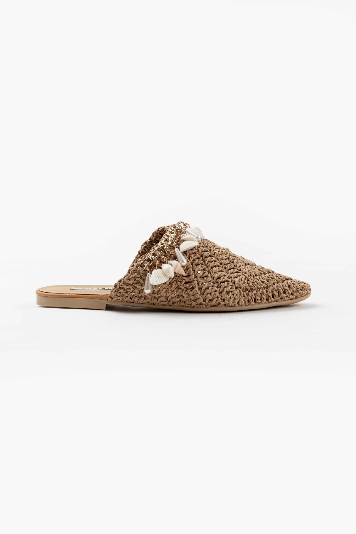 Tan Woven Mules with Seashell Detail