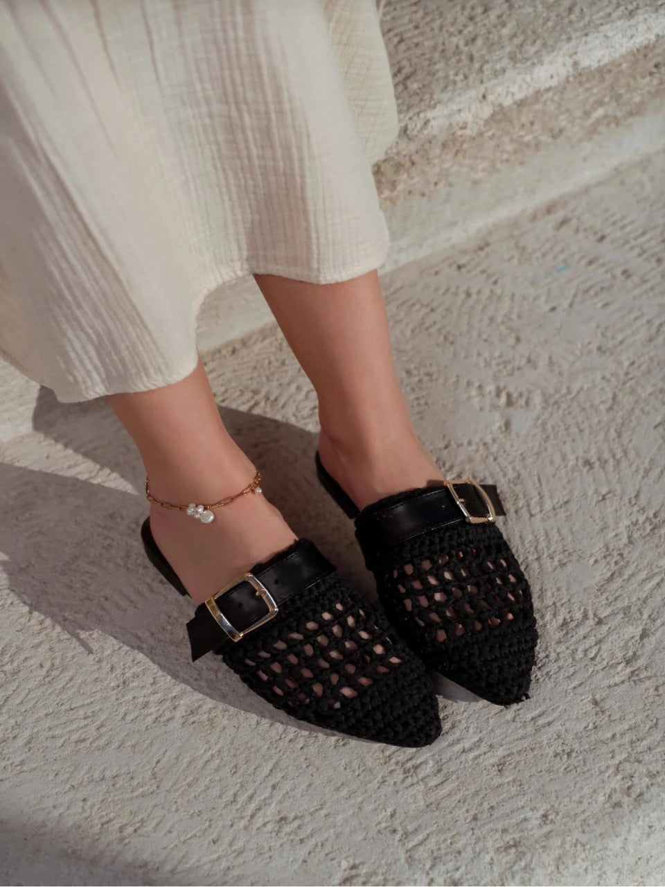 Black Woven Buckle Detail Flat Mules