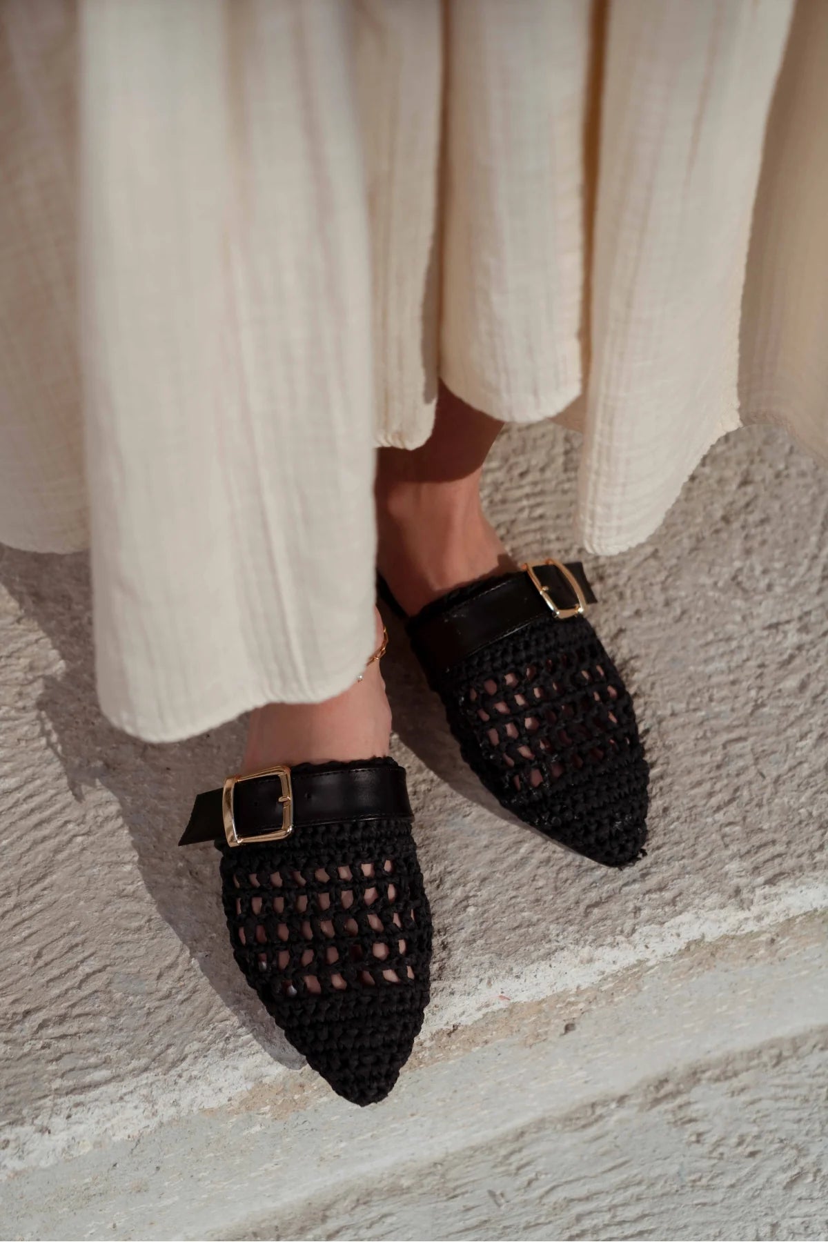 Black Woven Buckle Detail Flat Mules