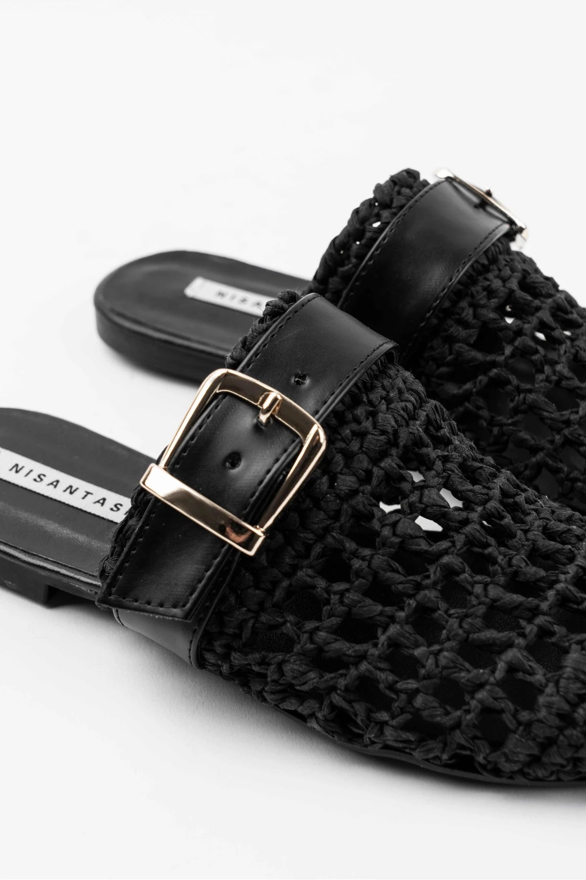 Black Woven Buckle Detail Flat Mules