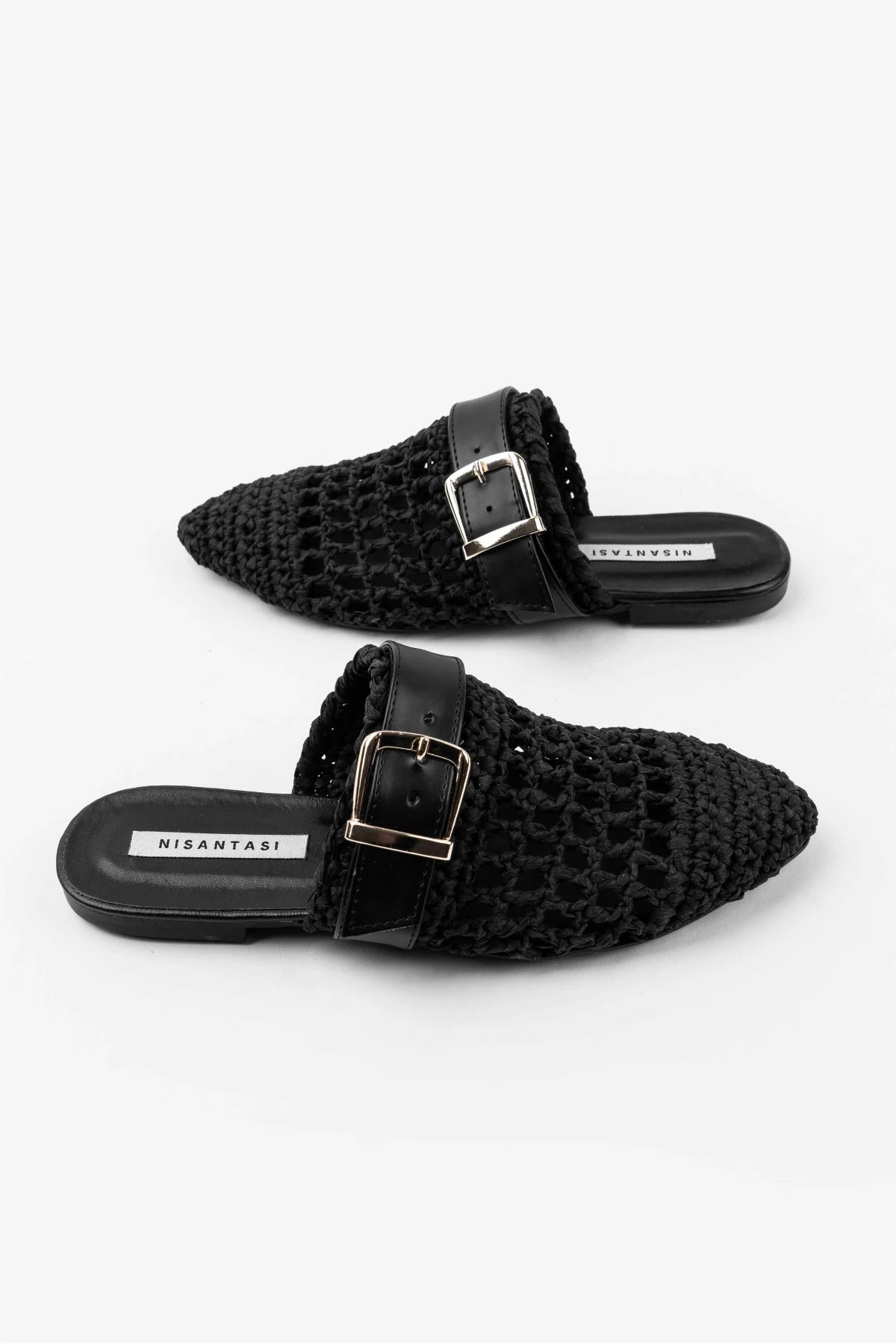 Black Woven Buckle Detail Flat Mules