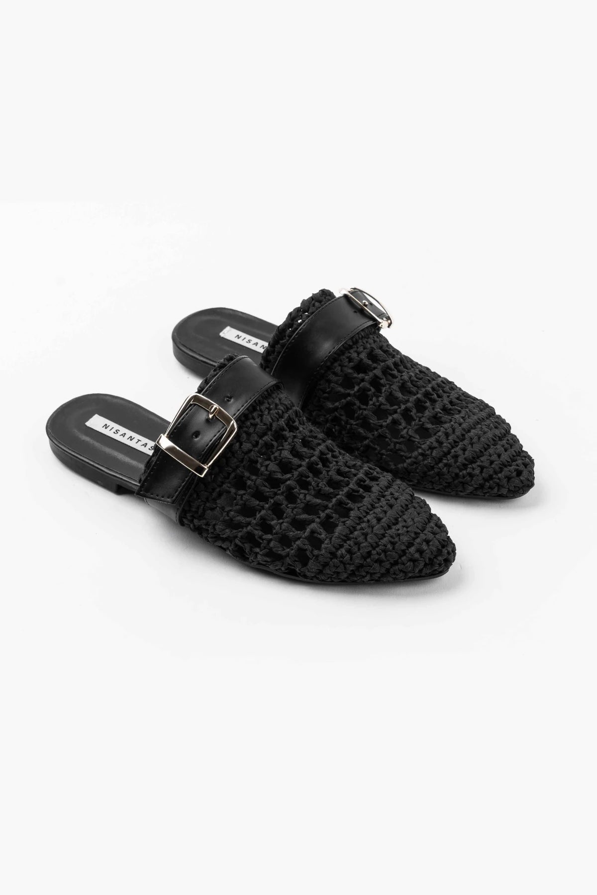 Black Woven Buckle Detail Flat Mules