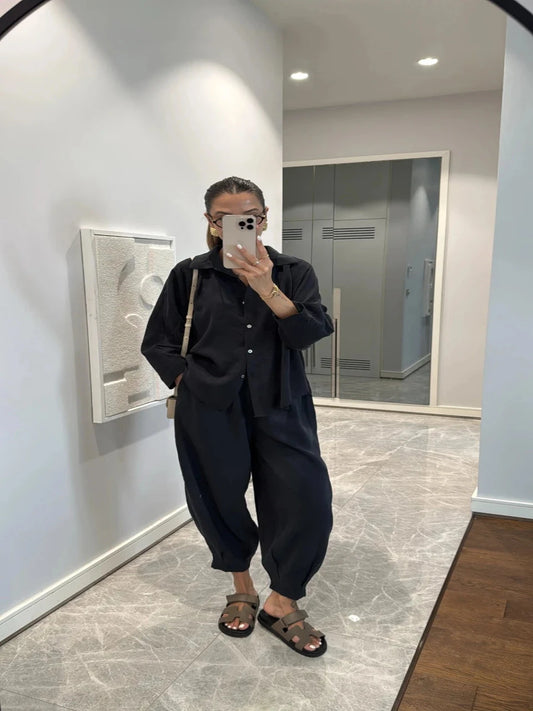 Black Luxe Tencel Co-Ord — Relaxed Balloon Pants & Button-Down Top