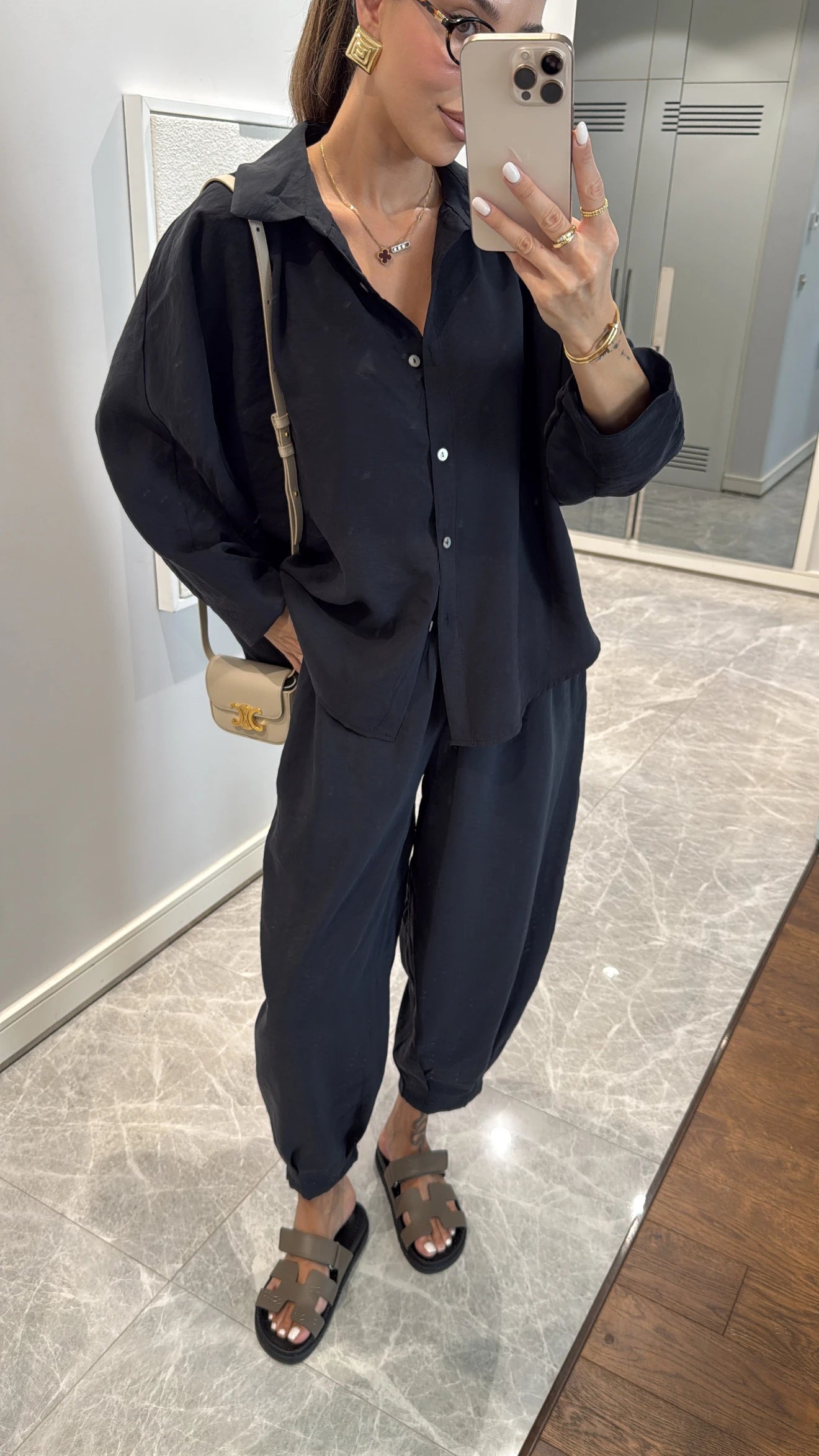 Black Luxe Tencel Co-Ord — Relaxed Balloon Pants & Button-Down Top