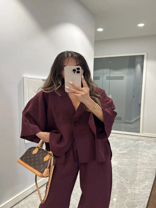 Burgundy Luxe Tencel Co-Ord — Single-Button Top & Tapered Pants