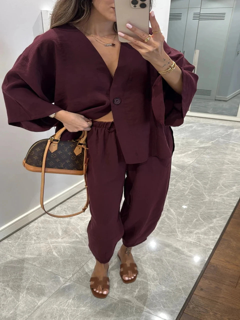 Burgundy Luxe Tencel Co-Ord — Single-Button Top & Tapered Pants