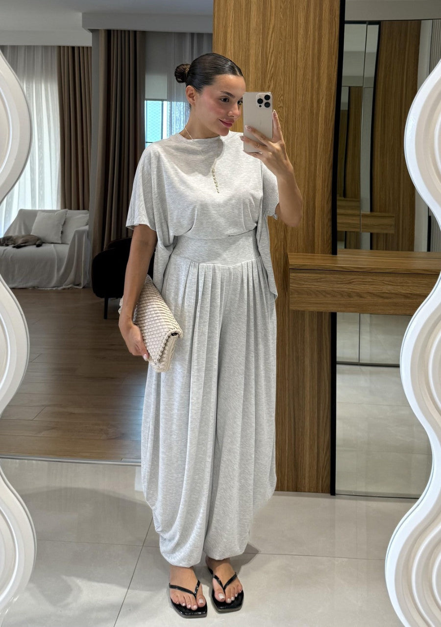 Soft Modal Tee & Salwar Balloon Grey Pants Set